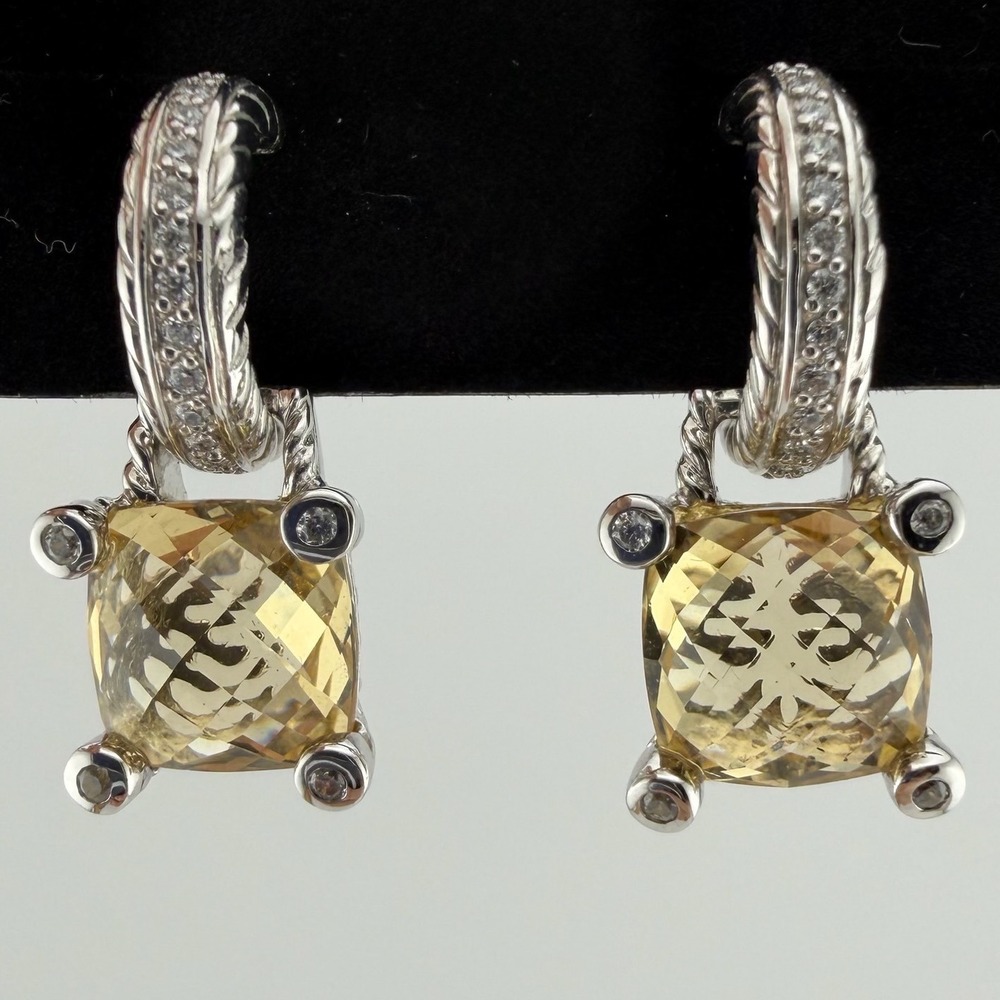 Judith Ripka Sterling Silver Citrine CZ Drop Earrings Yellow Cable Hoops